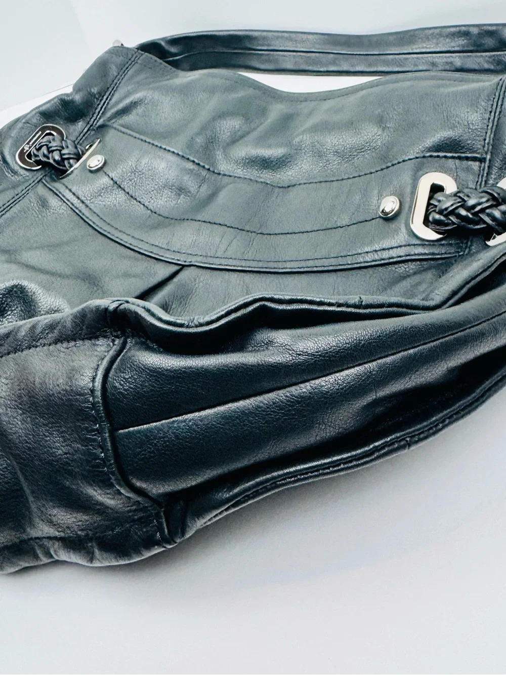 B. Makowsky Black Leather Hobo Bag with silver hardware. Soft, supple leather.